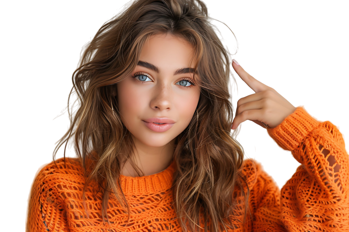 Confident woman dressed orange sweater pointing finger empty space on isolated transparent background png