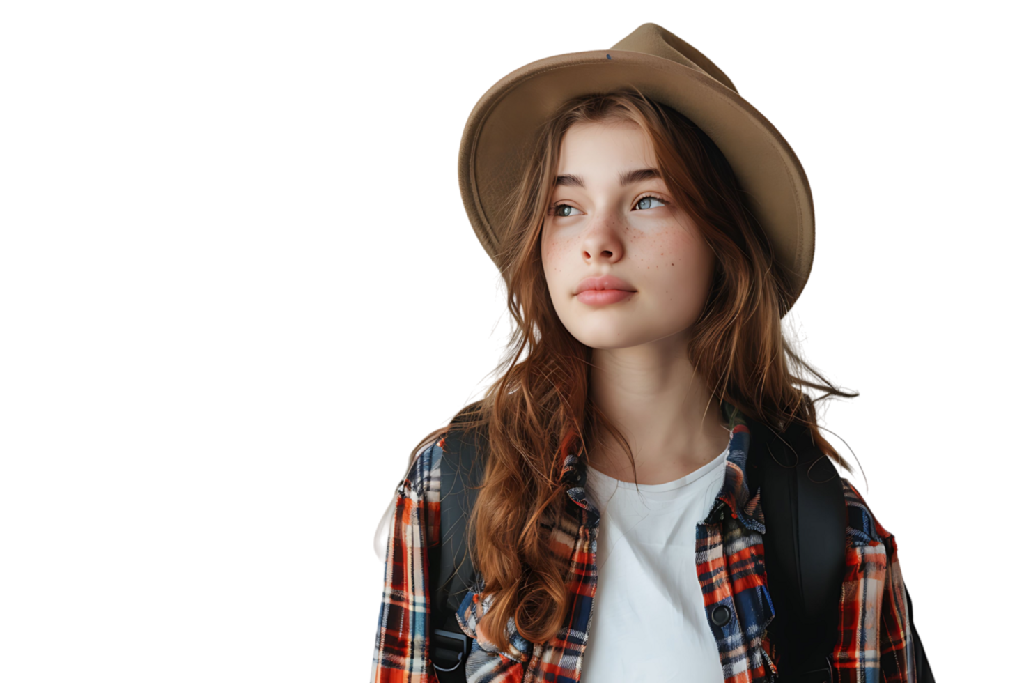 Pretty cute girl dressed stylish clothes going to university on isolated transparent background png