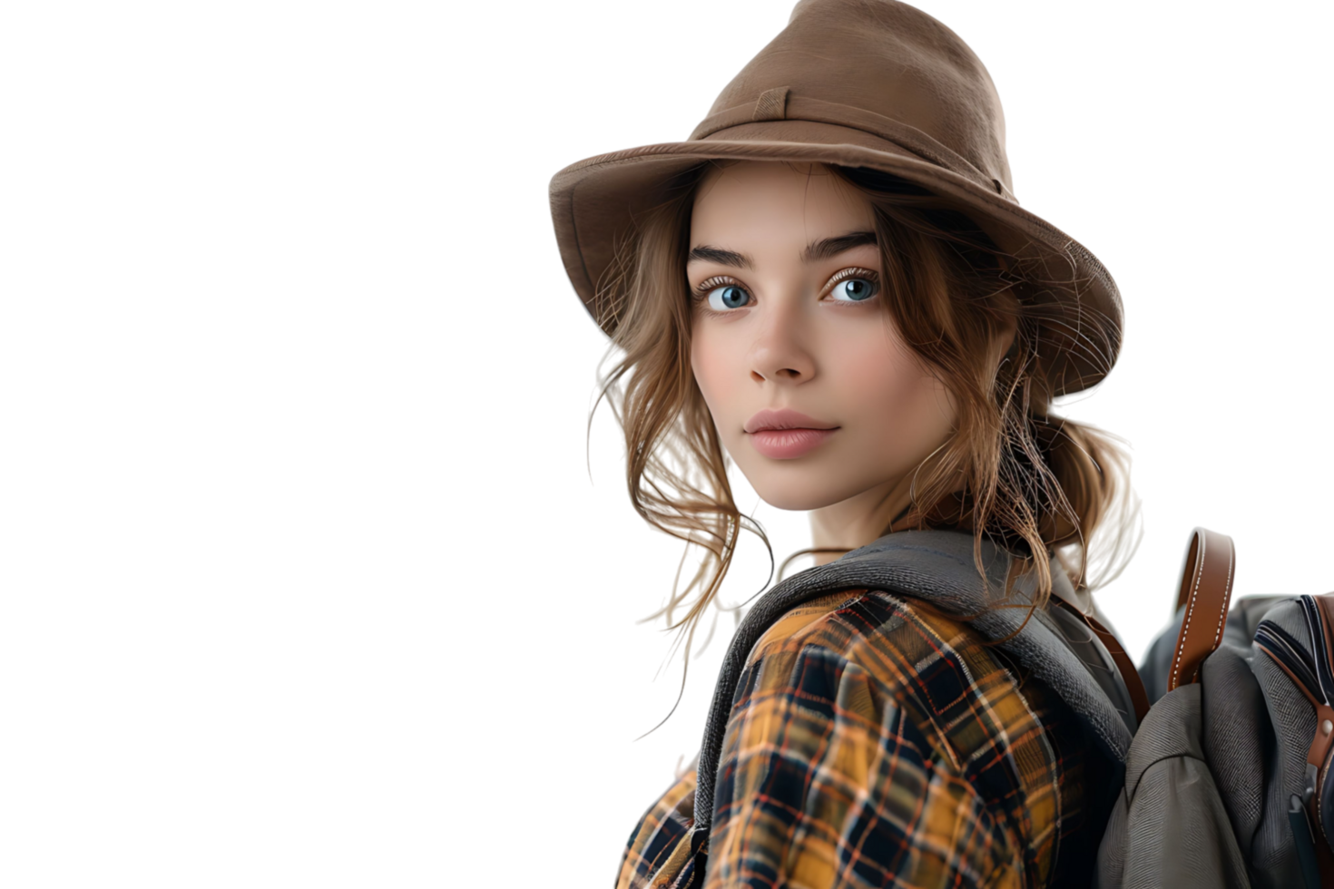 Pretty cute girl dressed stylish clothes going to university on isolated transparent background png