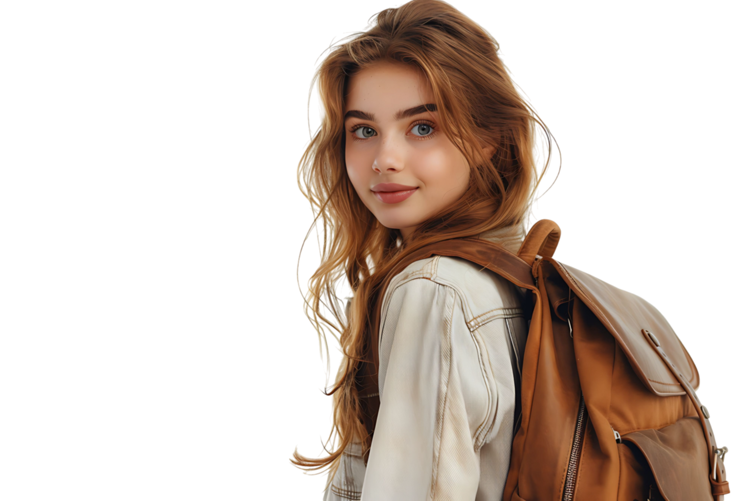 Pretty cute girl dressed stylish clothes going to university on isolated transparent background png