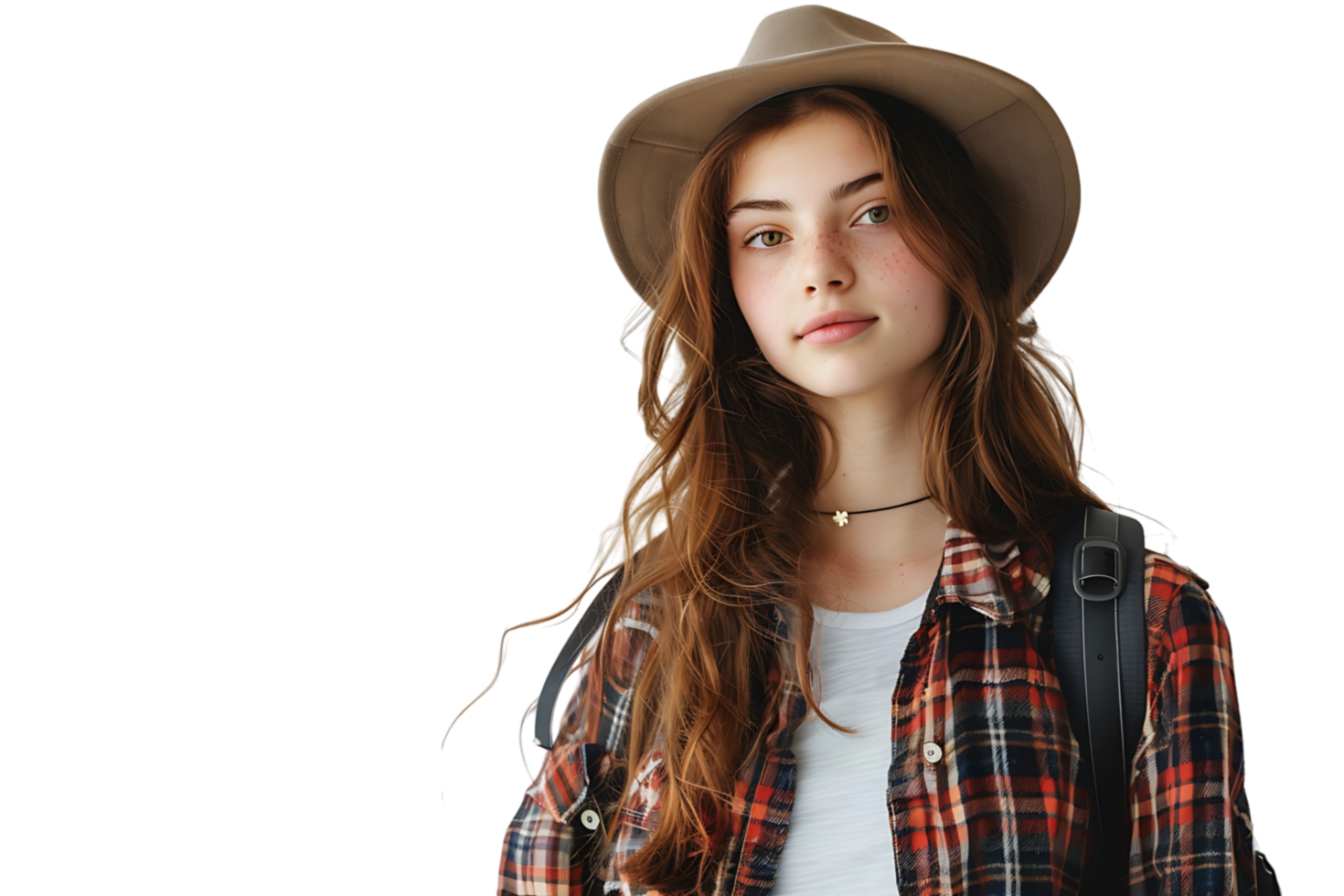 Pretty cute girl dressed stylish clothes going to university on isolated transparent background png