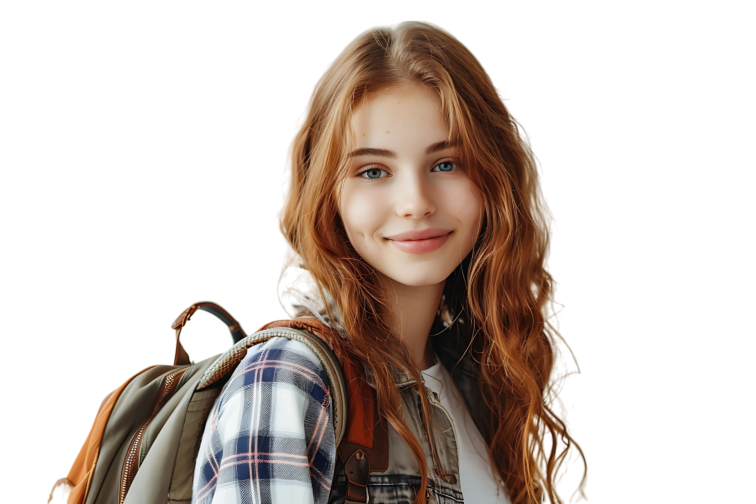 Pretty cute girl dressed stylish clothes going to university on isolated transparent background png