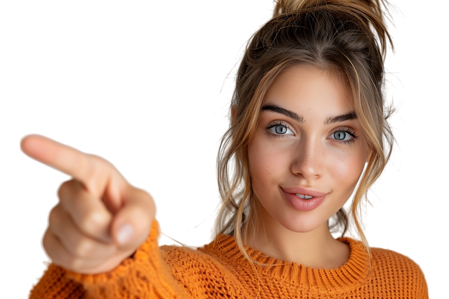 Confident woman dressed orange sweater pointing finger empty space on isolated transparent background png