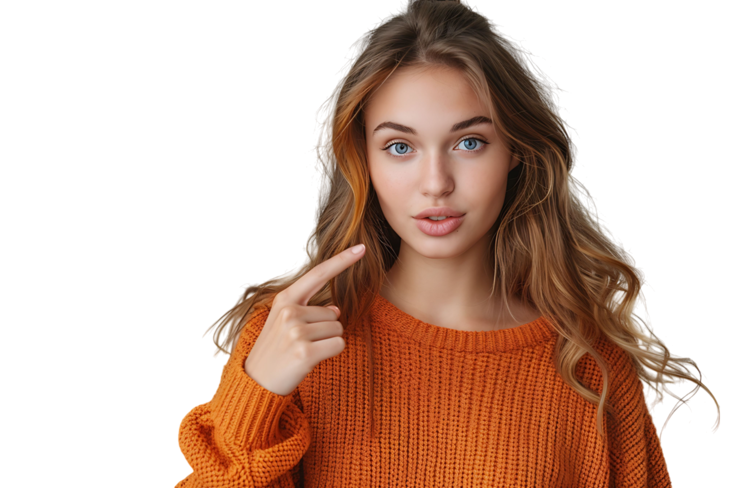 Confident woman dressed orange sweater pointing finger empty space on isolated transparent background png
