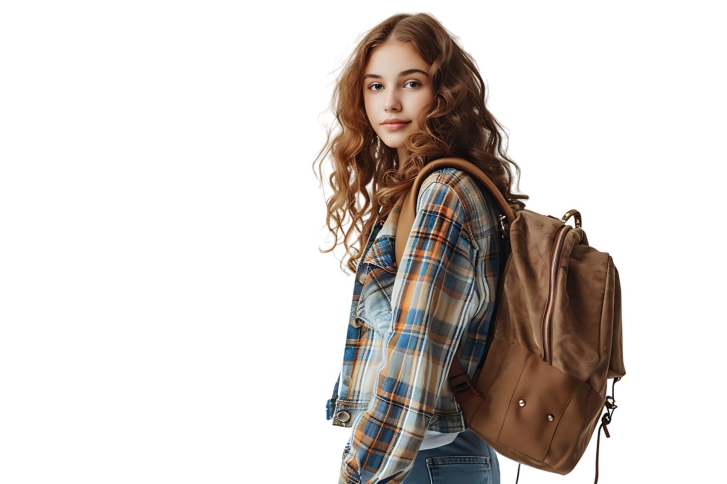 Pretty cute girl dressed stylish clothes going to university on isolated transparent background png