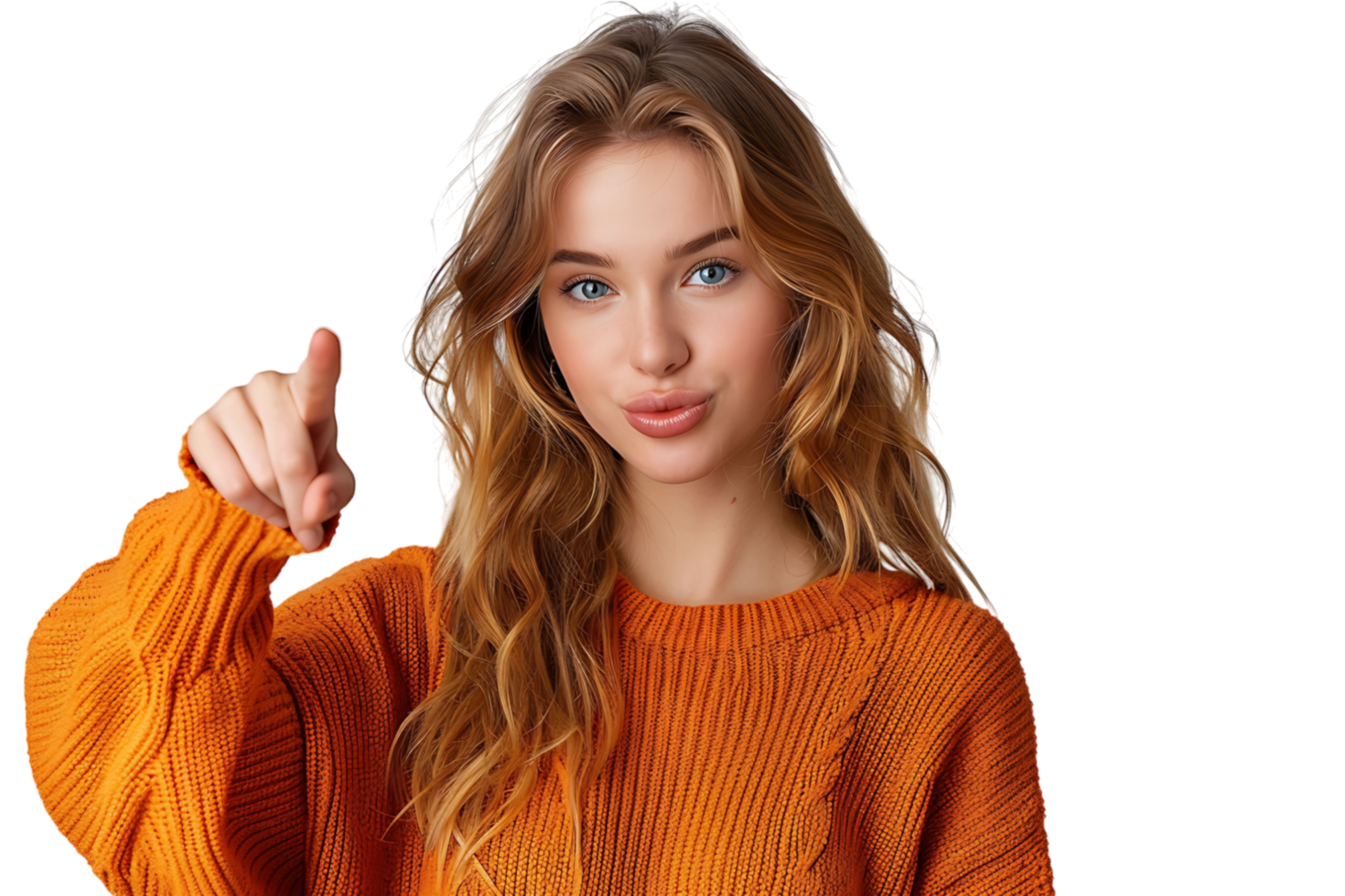confidente mujer vestido naranja suéter señalando dedo vacío espacio en aislado transparente antecedentes png