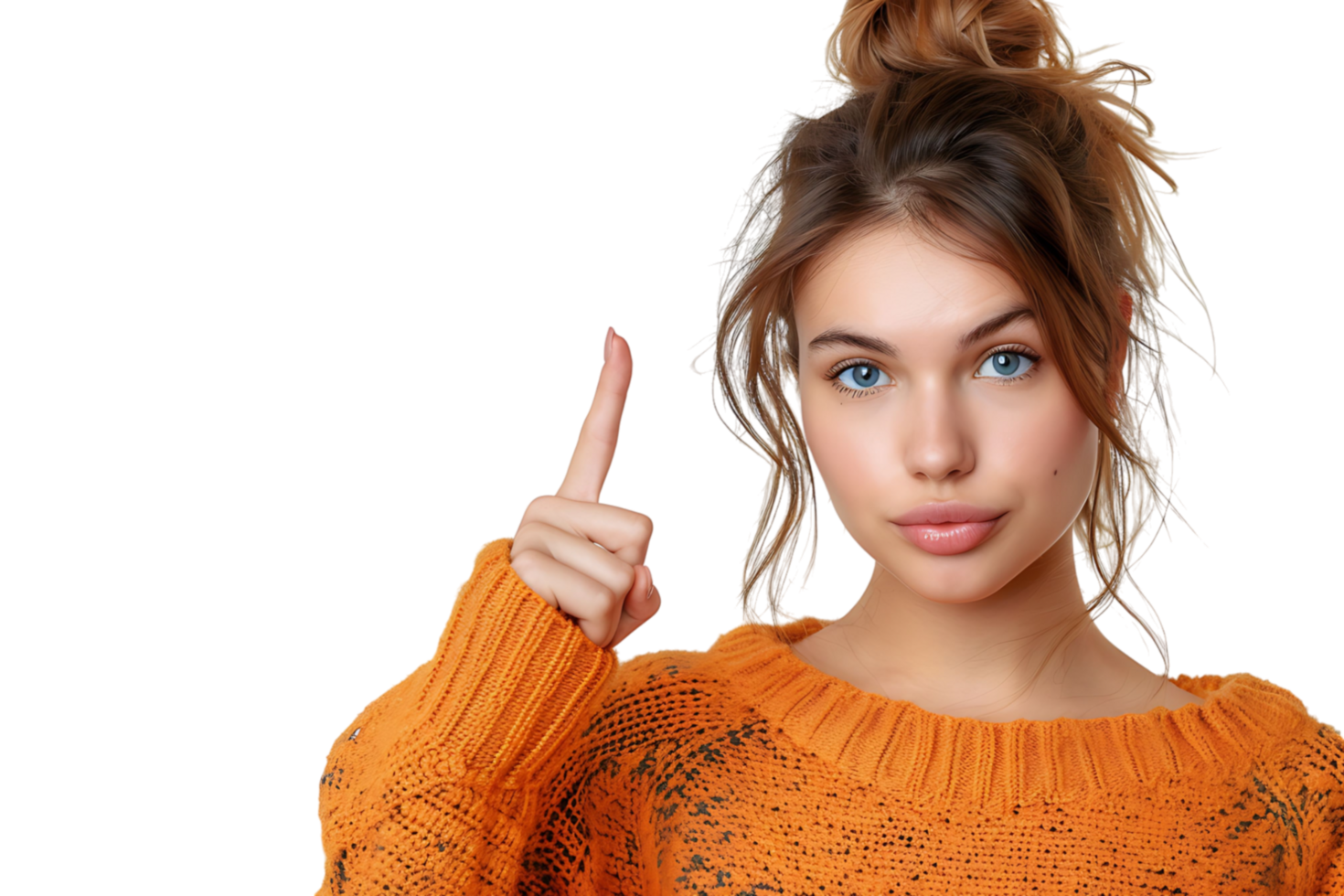 Confident woman dressed orange sweater pointing finger empty space on isolated transparent background png