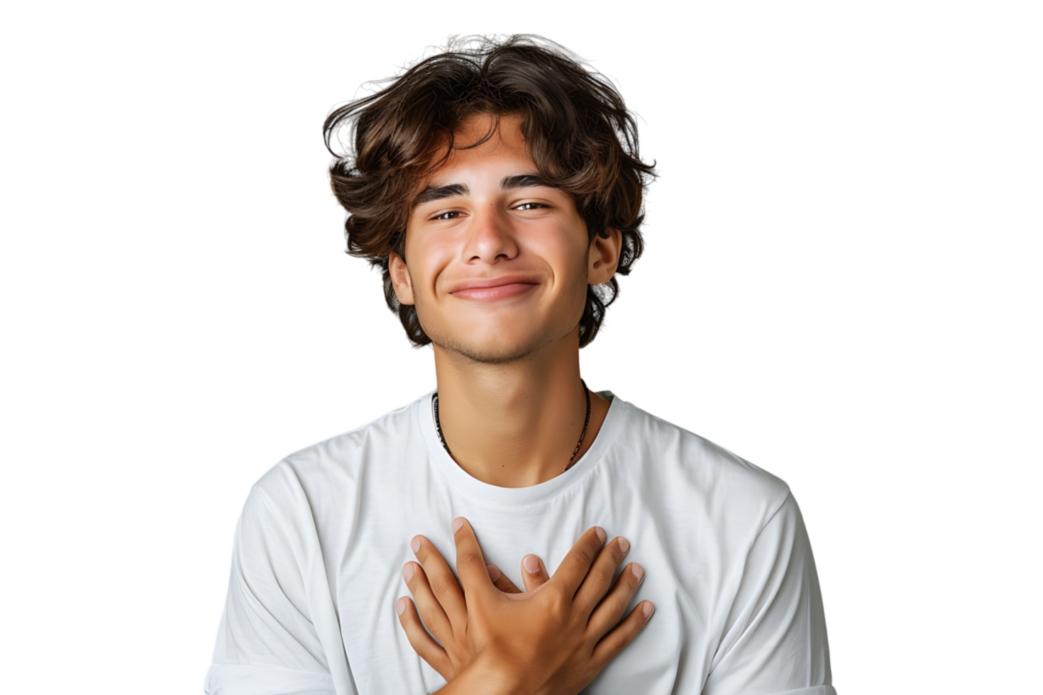 Young smile guy hands touch chest heart thankful grateful on isolated transparent background png