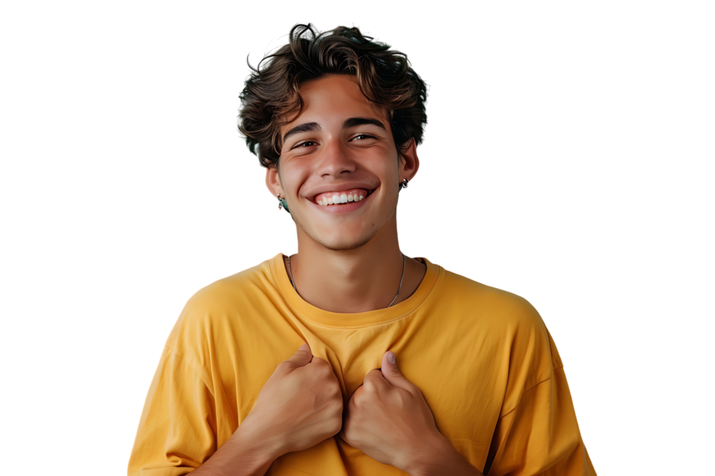 Young smile guy hands touch chest heart thankful grateful on isolated transparent background png