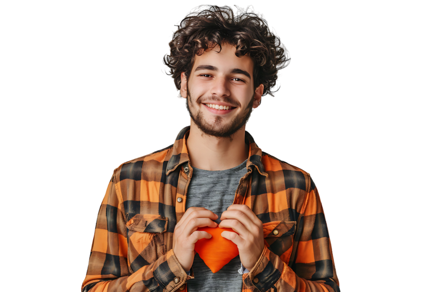 Young smile guy hands touch chest heart thankful grateful on isolated transparent background png