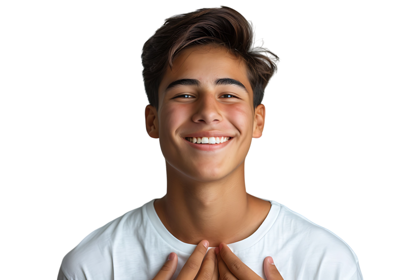 Young smile guy hands touch chest heart thankful grateful on isolated transparent background png