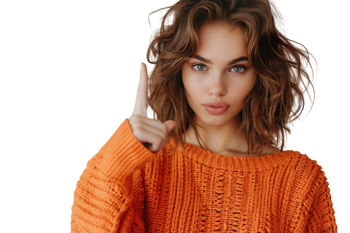 Confident woman dressed orange sweater pointing finger empty space on isolated transparent background png