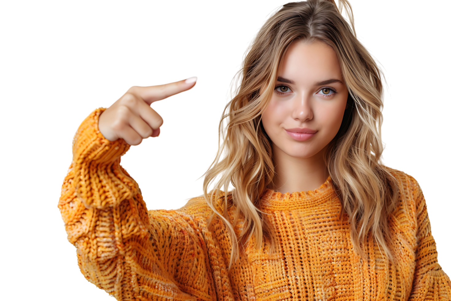Confident woman dressed orange sweater pointing finger empty space on isolated transparent background png