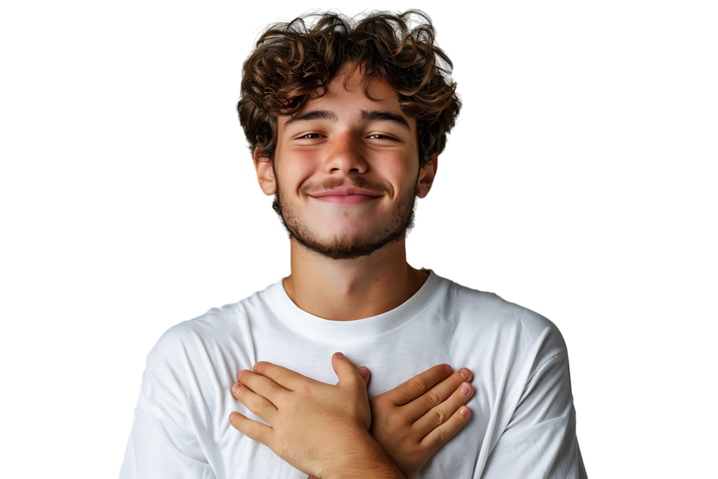 Young smile guy hands touch chest heart thankful grateful on isolated transparent background png