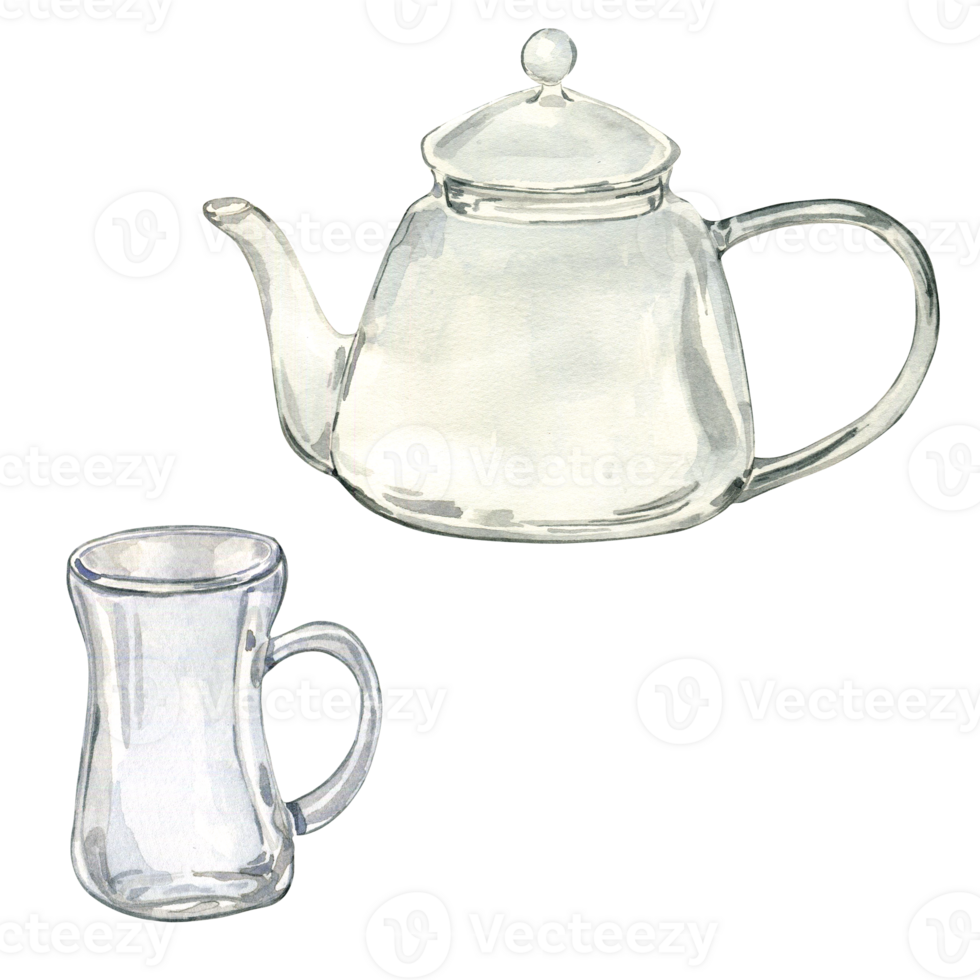 Watercolor illustration of empty transparent teapot for medicinal herbs. Glass teapot and mug for tea. Glass utensil hand drawing. For label herbal plants, herbalism, green tea. png