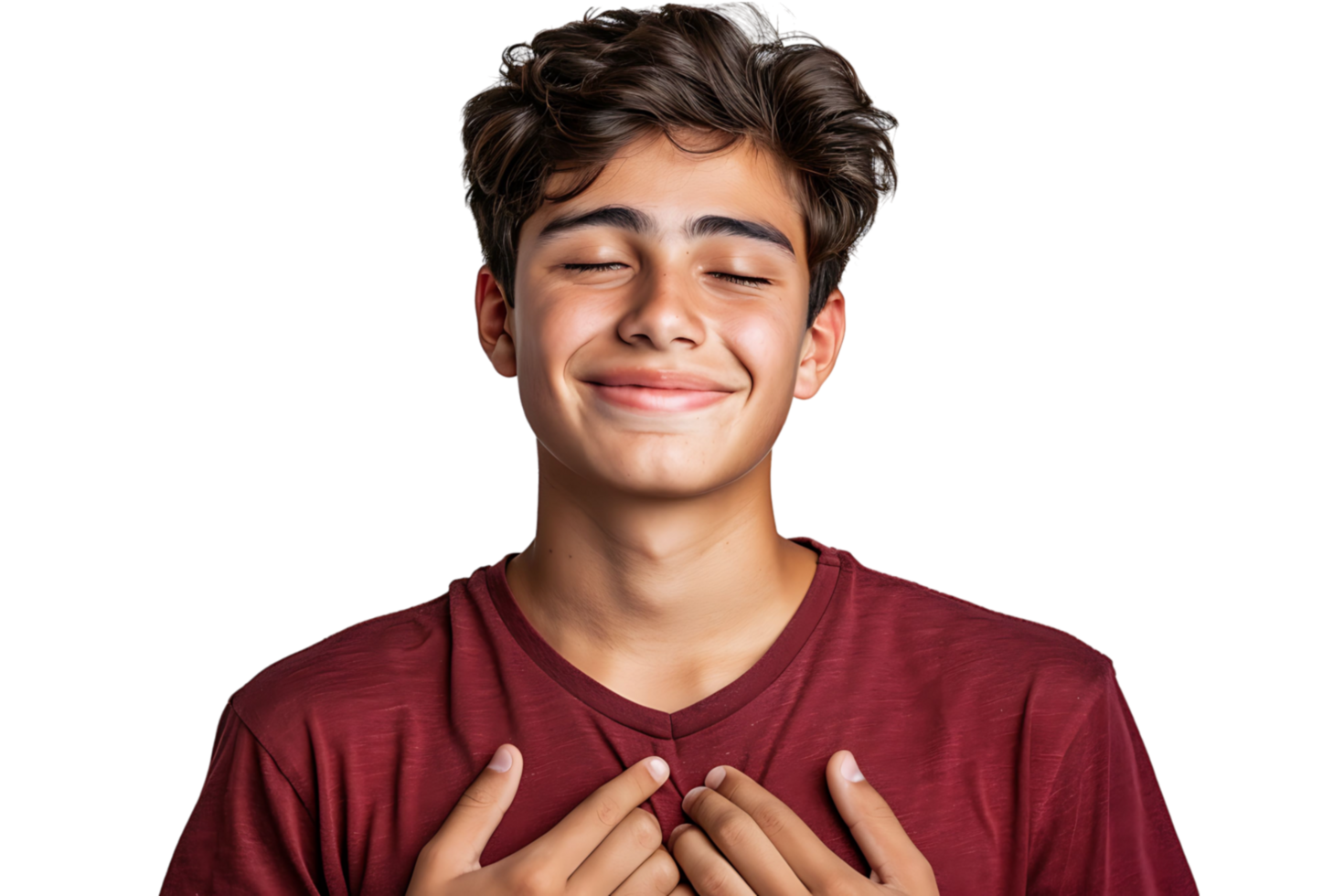 Young smile guy hands touch chest heart thankful grateful on isolated transparent background png