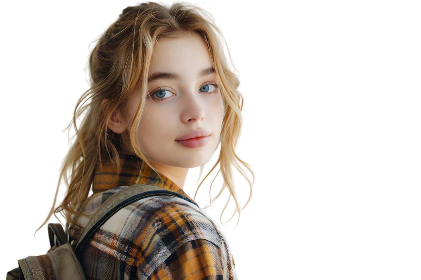 Pretty cute girl dressed stylish clothes going to university on isolated transparent background png