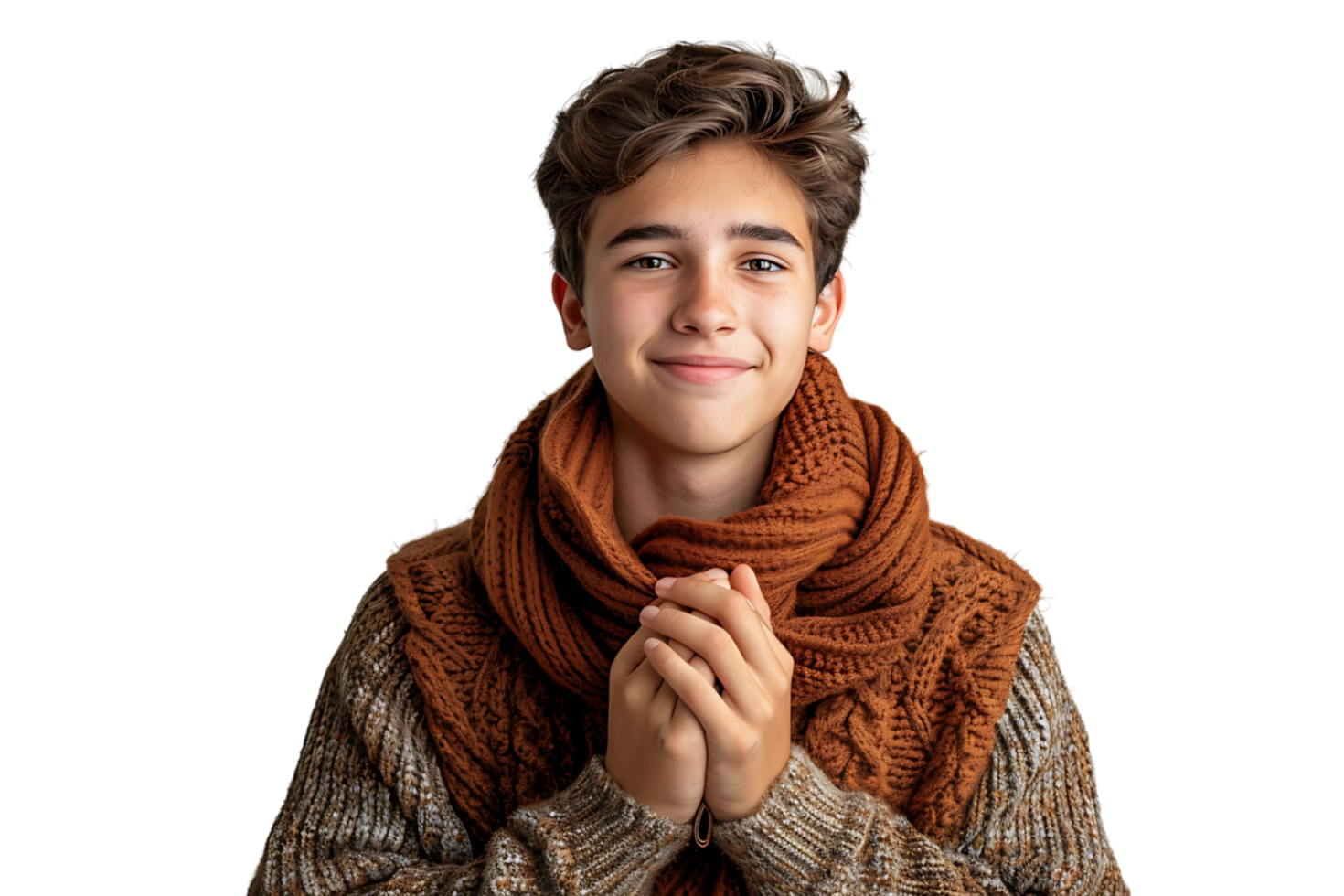 Young smile guy hands touch chest heart thankful grateful on isolated transparent background png