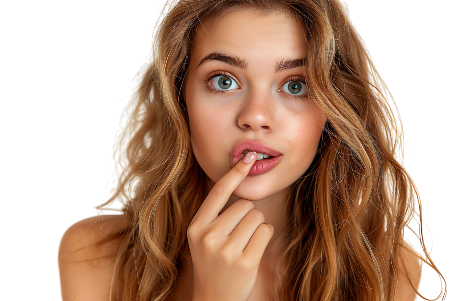 Portrait of nervous minded pretty lady biting finger nail look interested on transparent background png