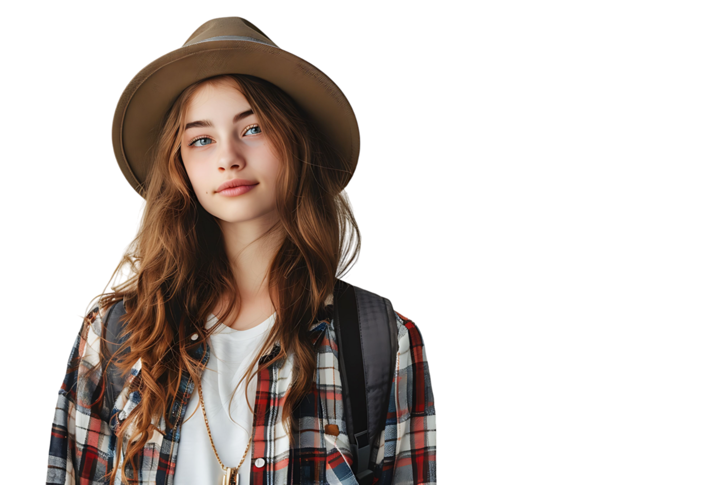 Pretty cute girl dressed stylish clothes going to university on isolated transparent background png