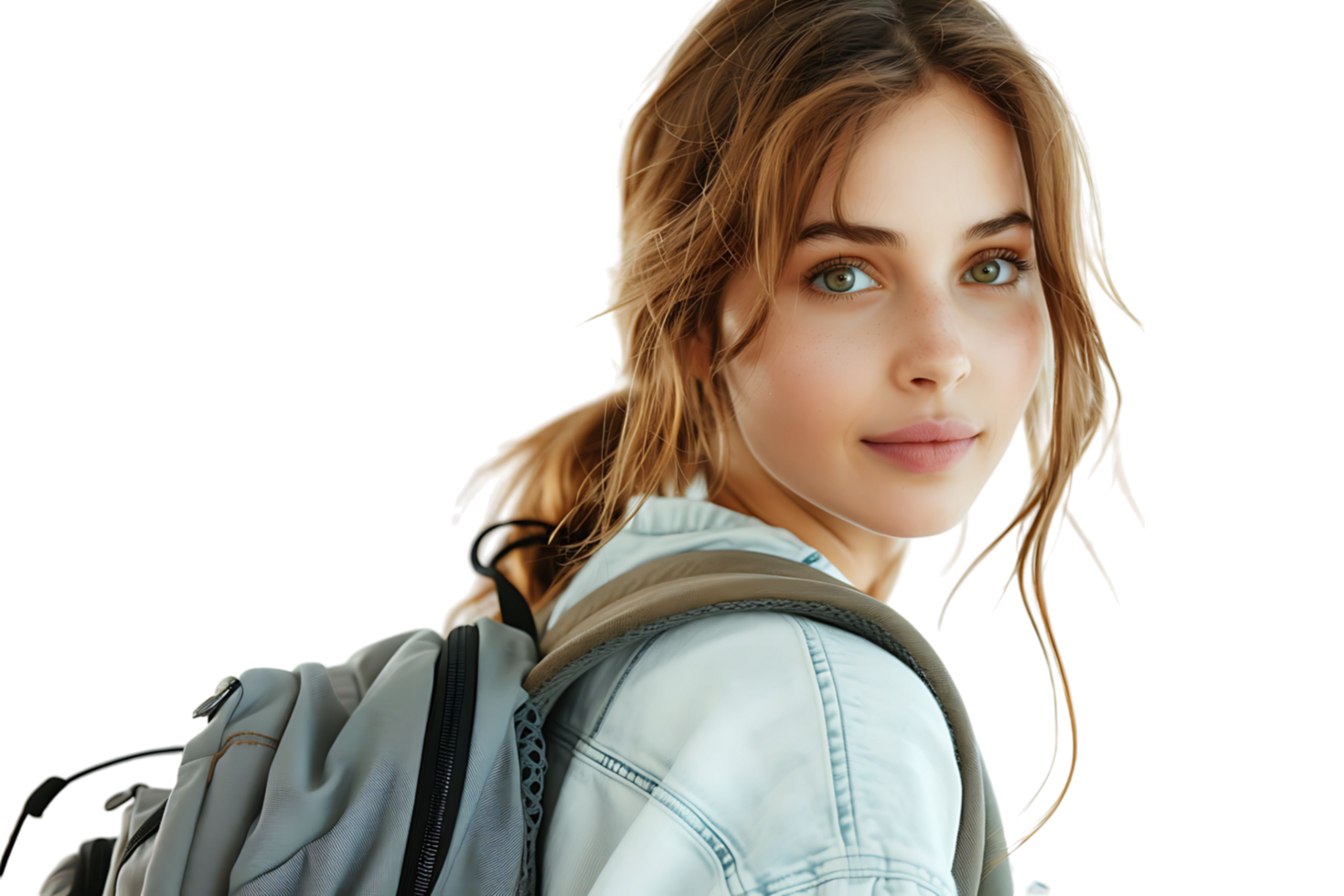 Pretty cute girl dressed stylish clothes going to university on isolated transparent background png