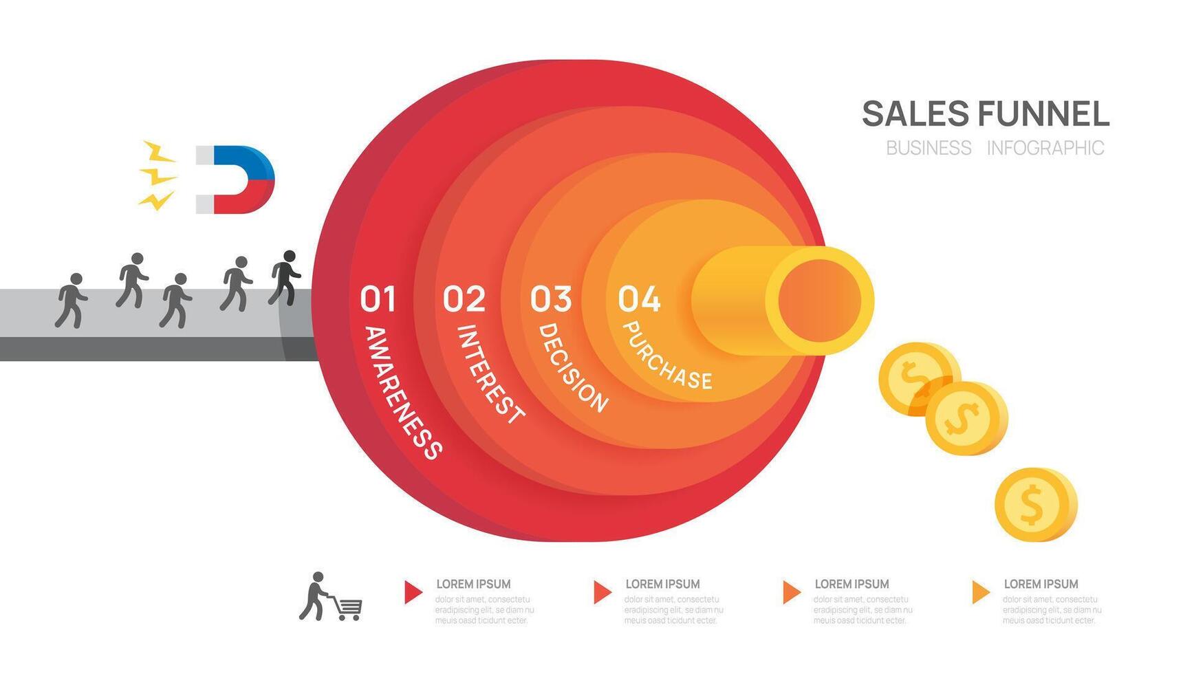 Infographic Sales funnel diagram template for business. Modern Timeline inbound step, digital marketing data, presentation infographics. vector