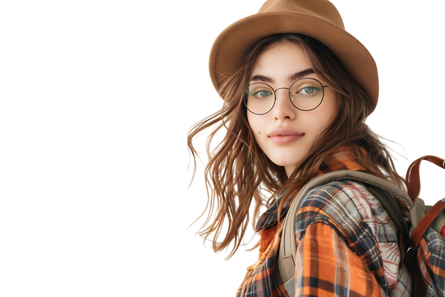 Pretty cute girl dressed stylish clothes going to university on isolated transparent background png