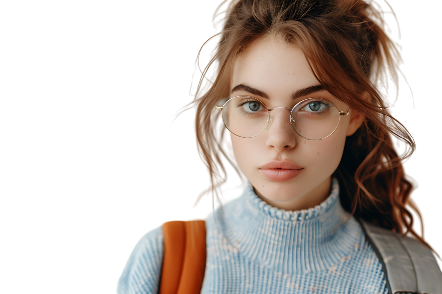 Pretty cute girl dressed stylish clothes going to university on isolated transparent background png