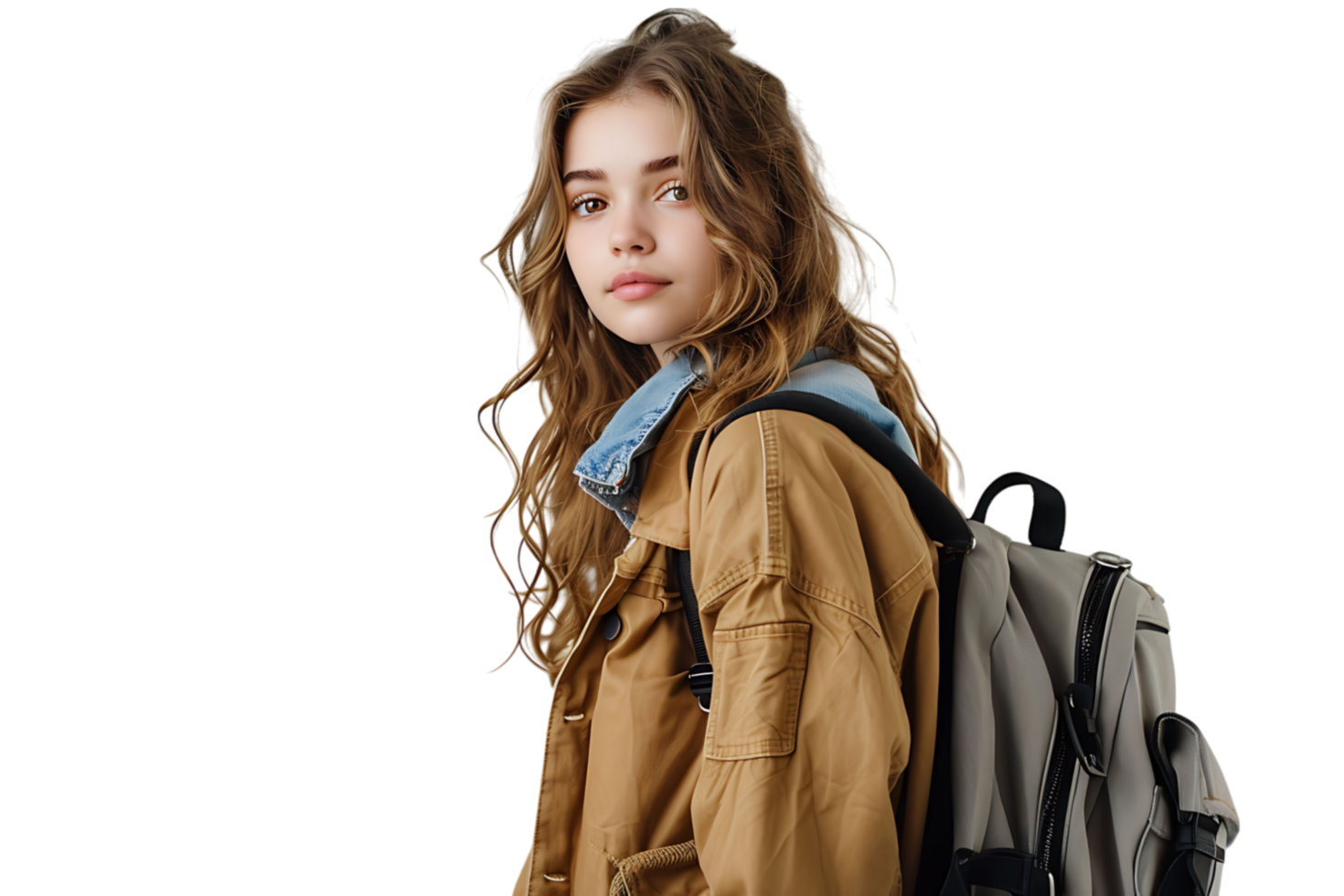 Pretty cute girl dressed stylish clothes going to university on isolated transparent background png