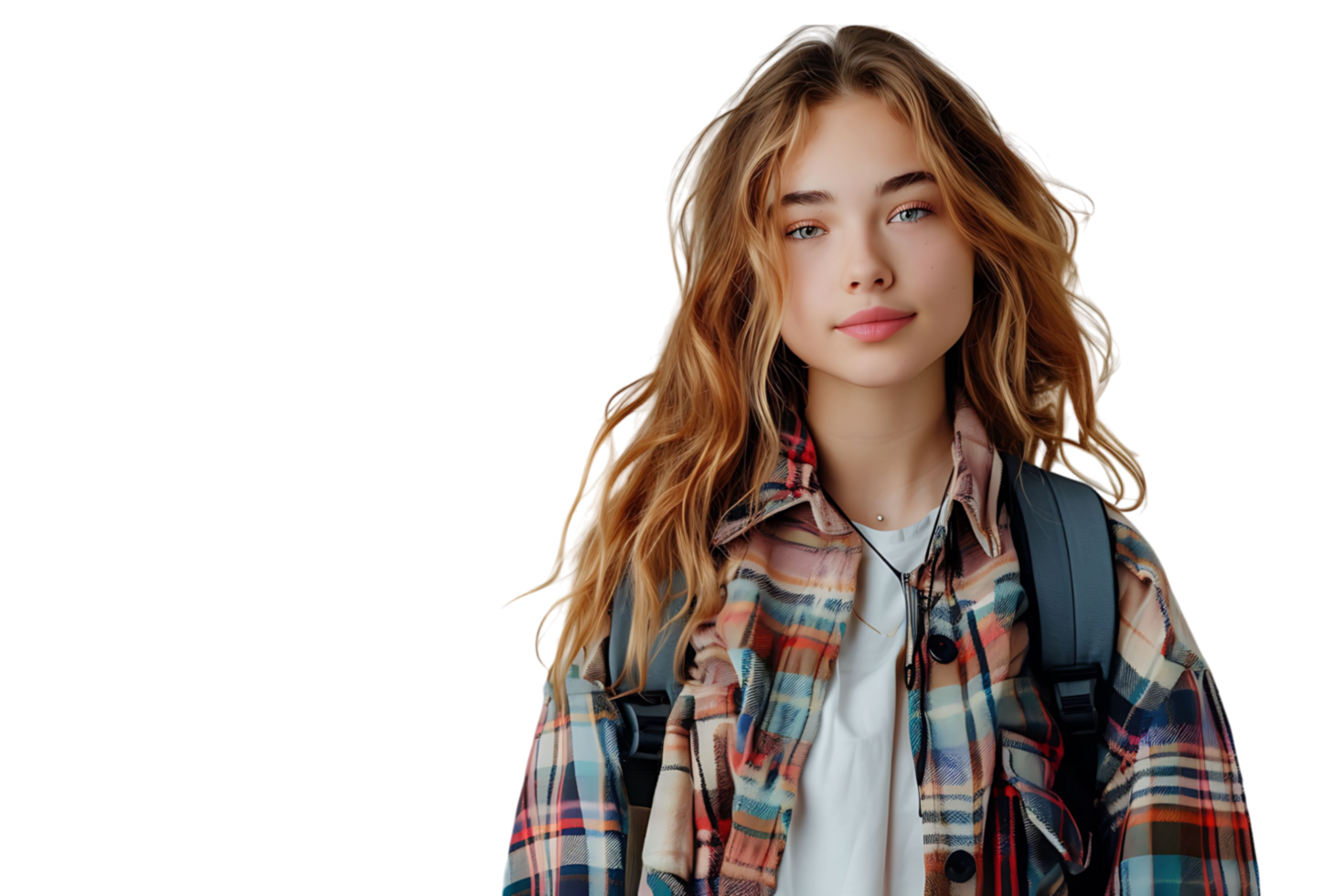 Pretty cute girl dressed stylish clothes going to university on isolated transparent background png