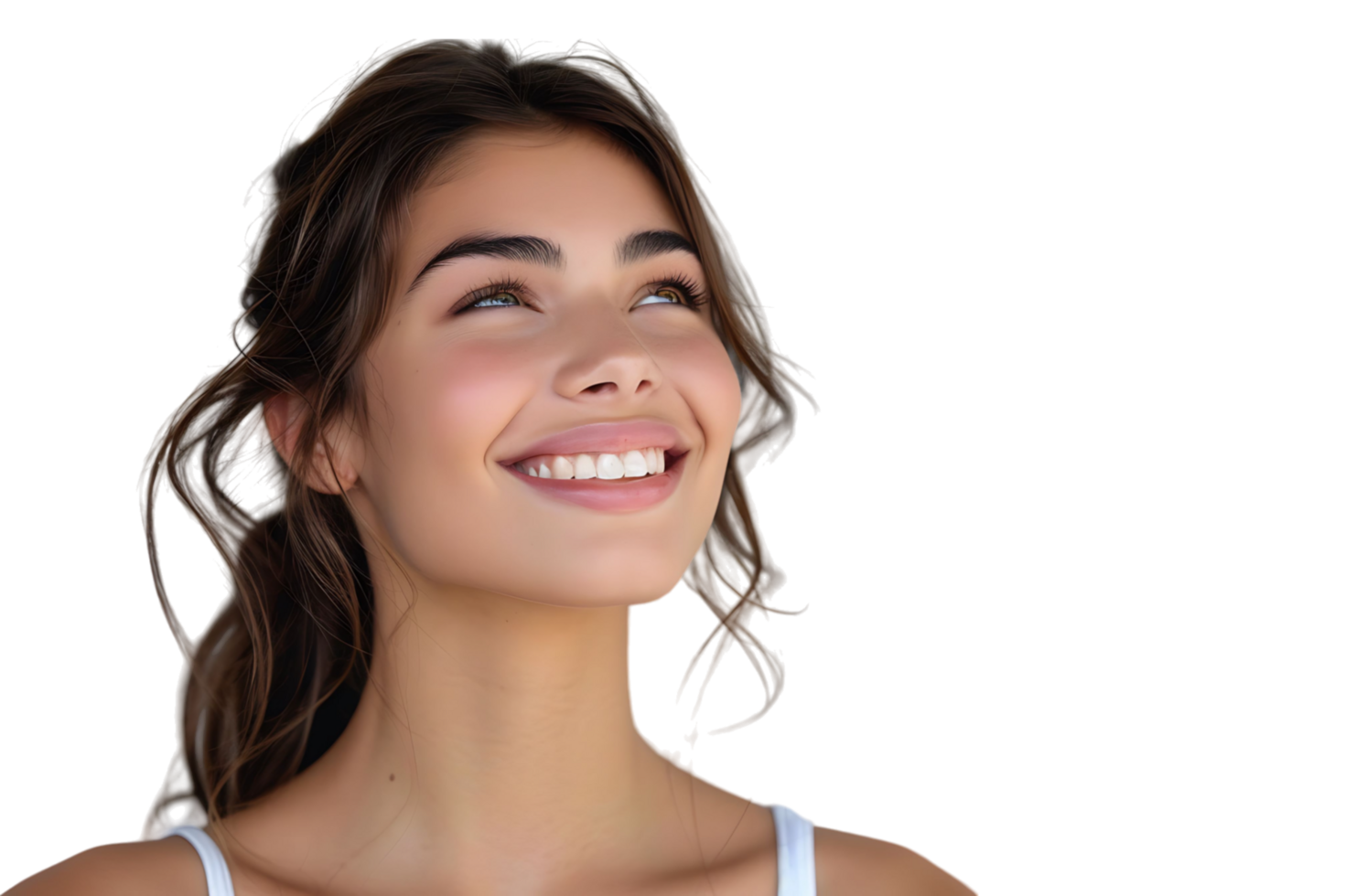 Portrait of satisfied glad lovely lady beaming smile look empty space on transparent background png