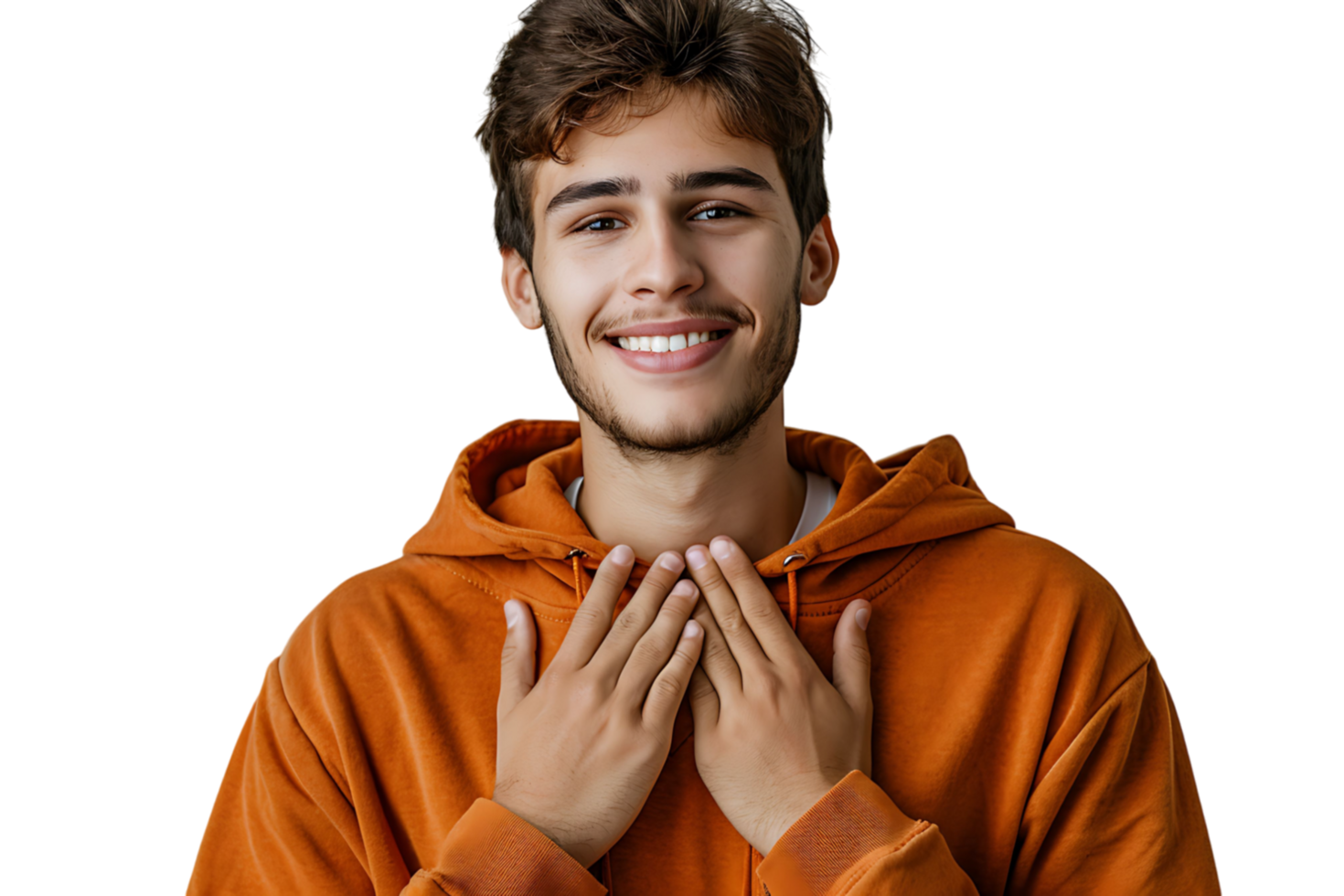 Young smile guy hands touch chest heart thankful grateful on isolated transparent background png
