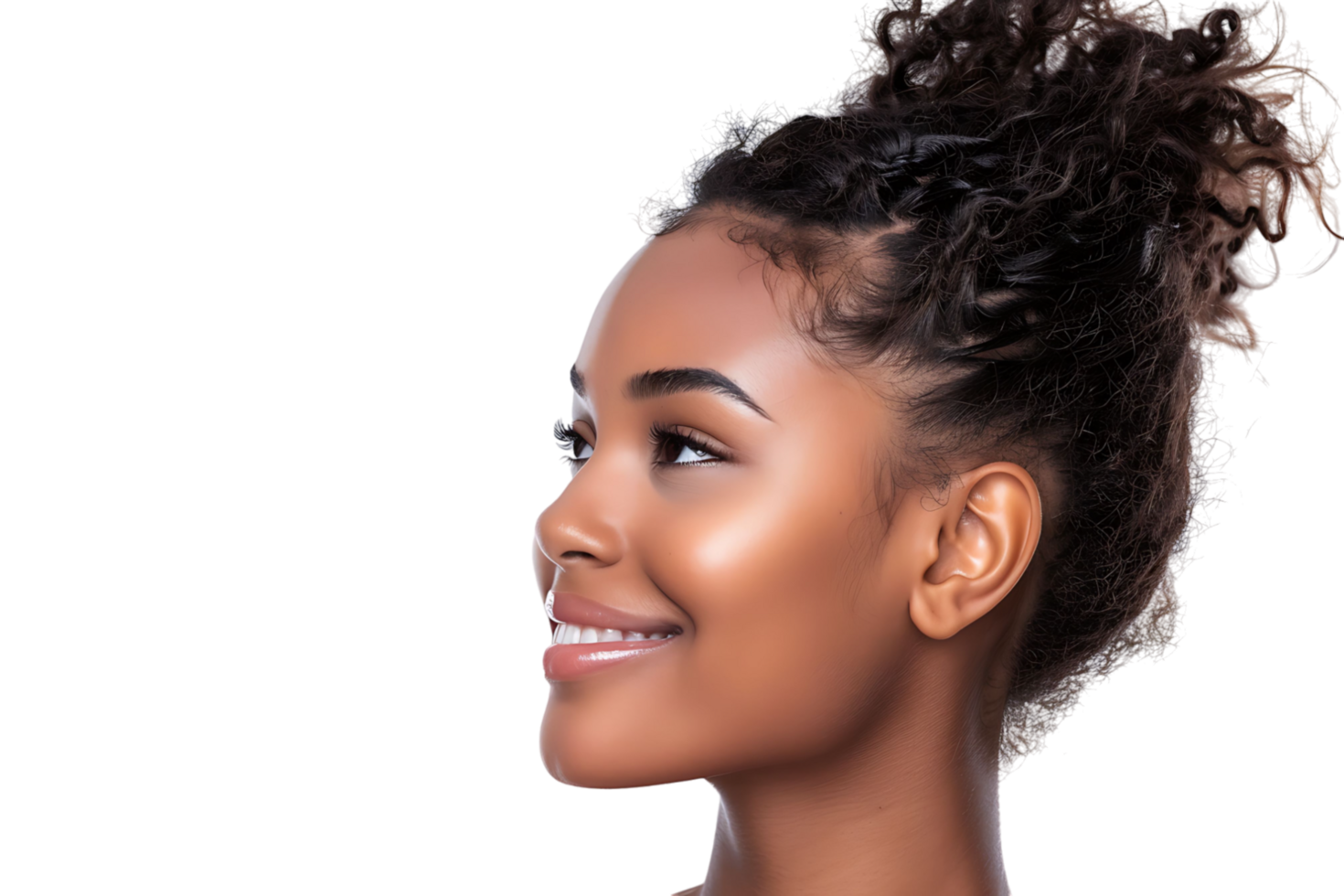 Portrait of satisfied glad lovely lady beaming smile look empty space on transparent background png