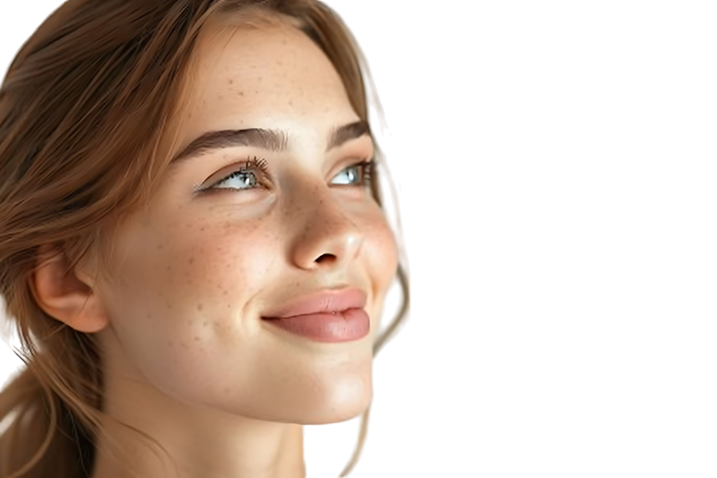 Portrait of satisfied glad lovely lady beaming smile look empty space on transparent background png