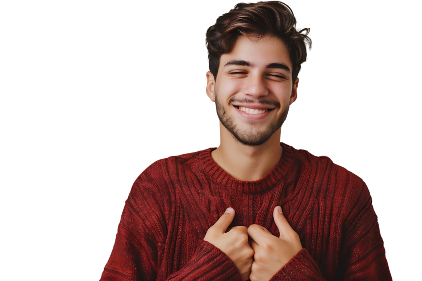 Young smile guy hands touch chest heart thankful grateful on isolated transparent background png