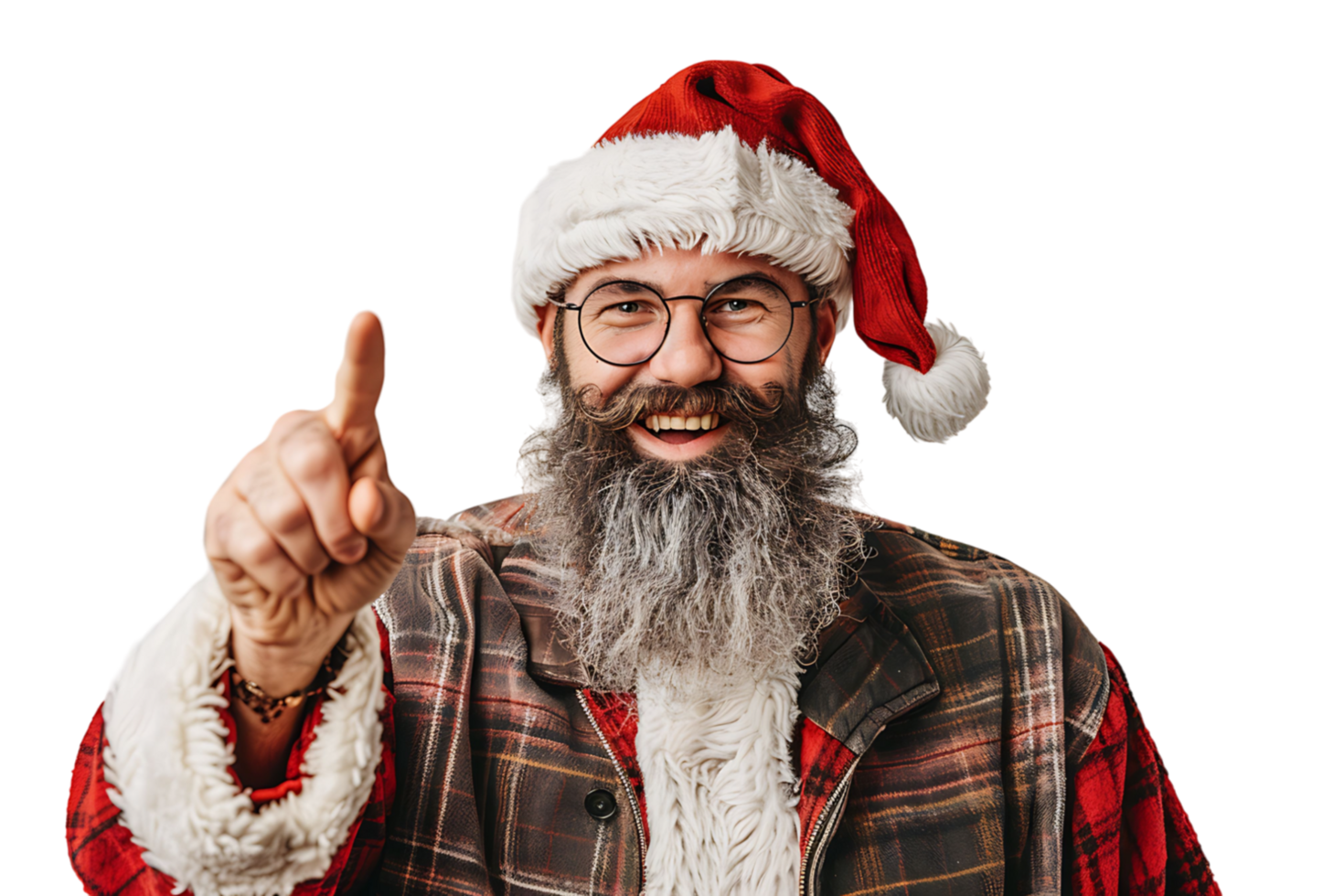 Portrait of stylish trendy funny Santa pointing at camera on transparent background png