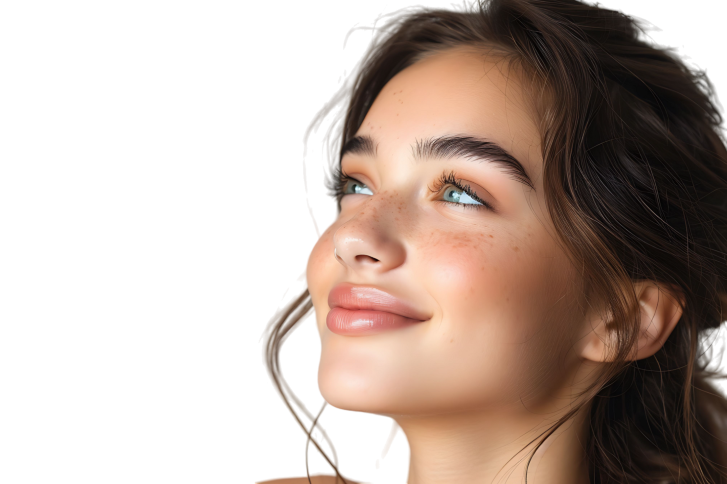 Portrait of satisfied glad lovely lady beaming smile look empty space on transparent background png