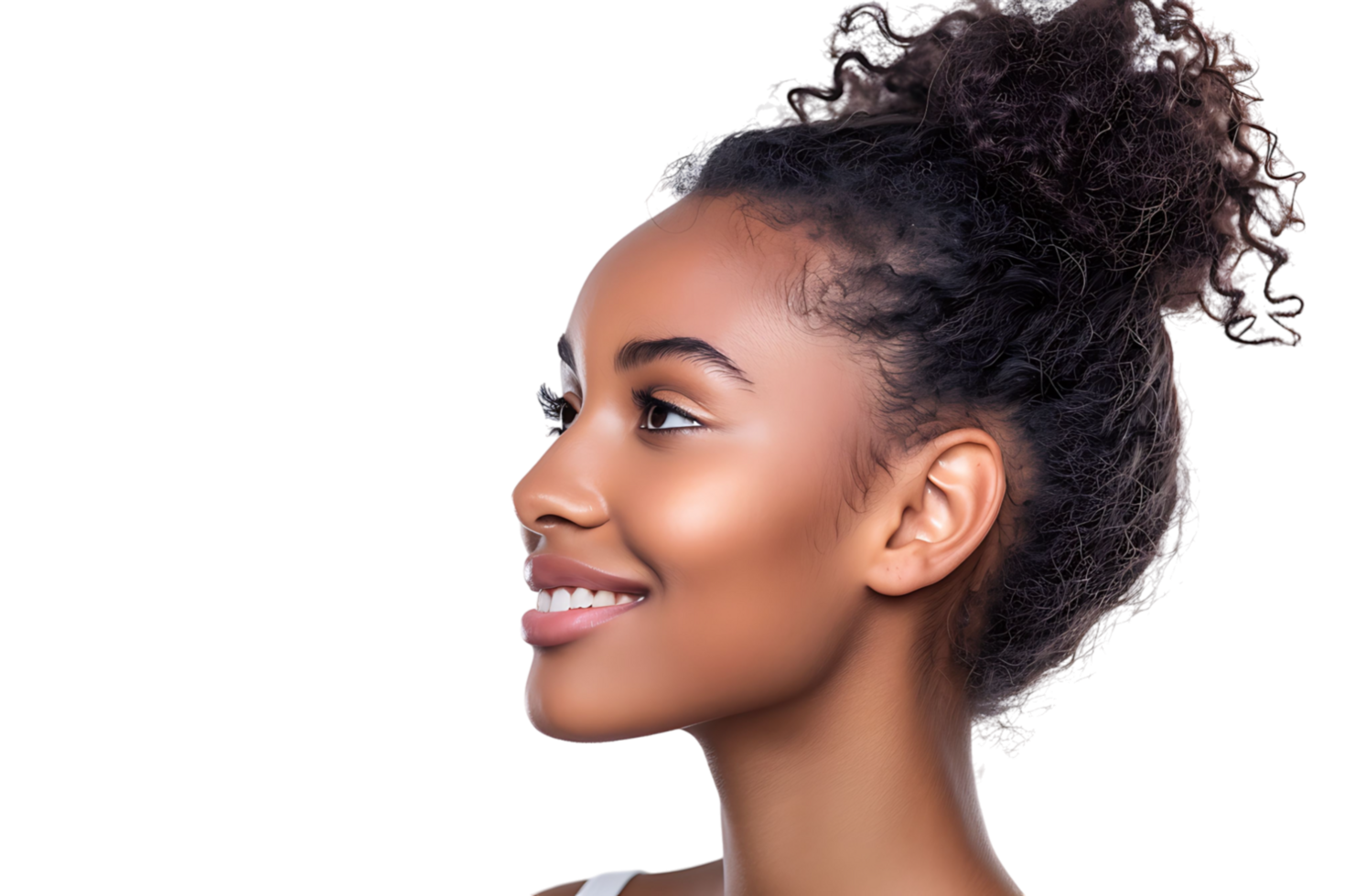 Portrait of satisfied glad lovely lady beaming smile look empty space on transparent background png