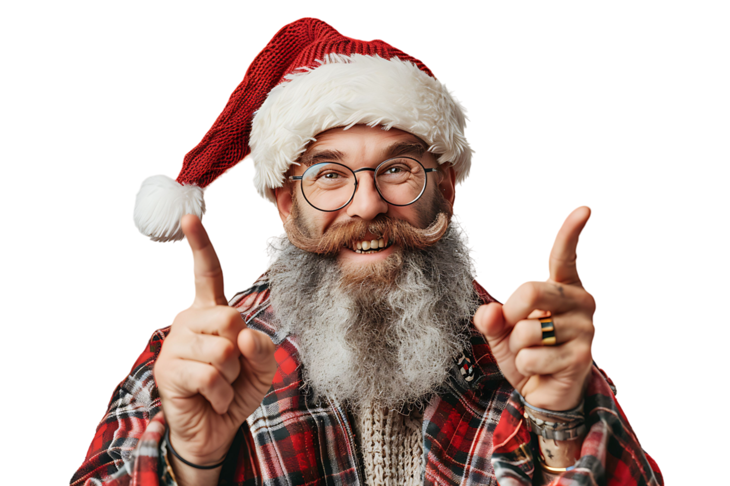 Portrait of stylish trendy funny Santa pointing at camera on transparent background png