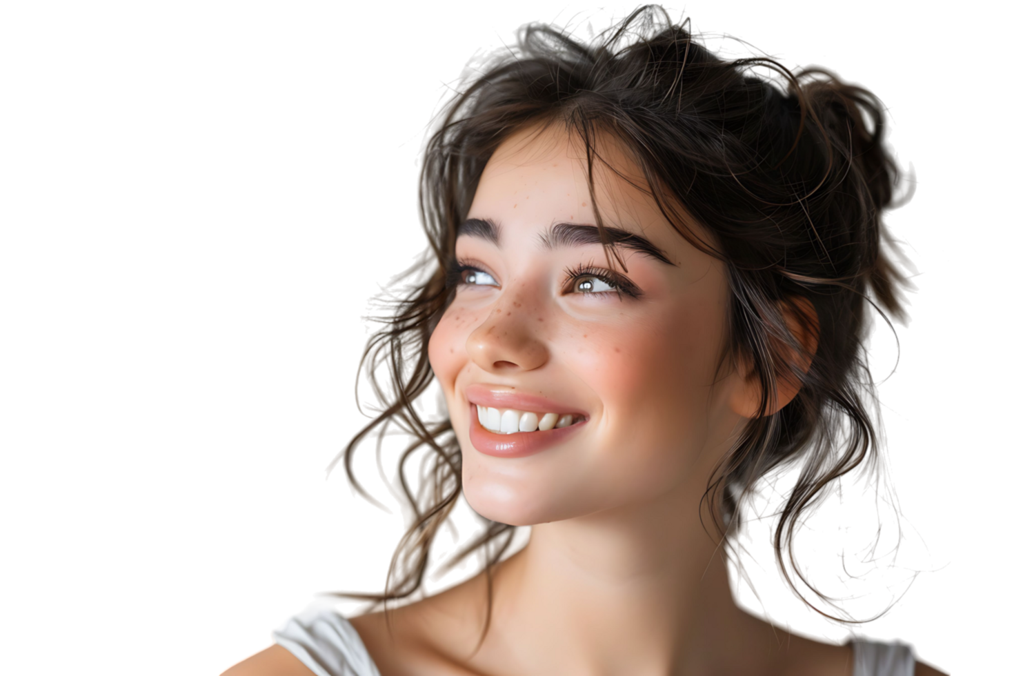 Portrait of satisfied glad lovely lady beaming smile look empty space on transparent background png
