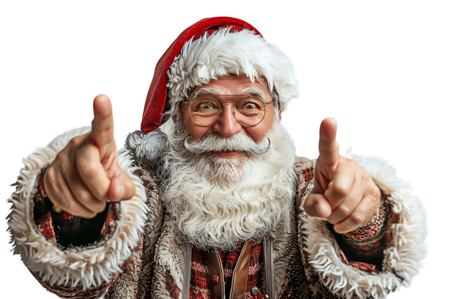 Portrait of stylish trendy funny Santa pointing at camera on transparent background png