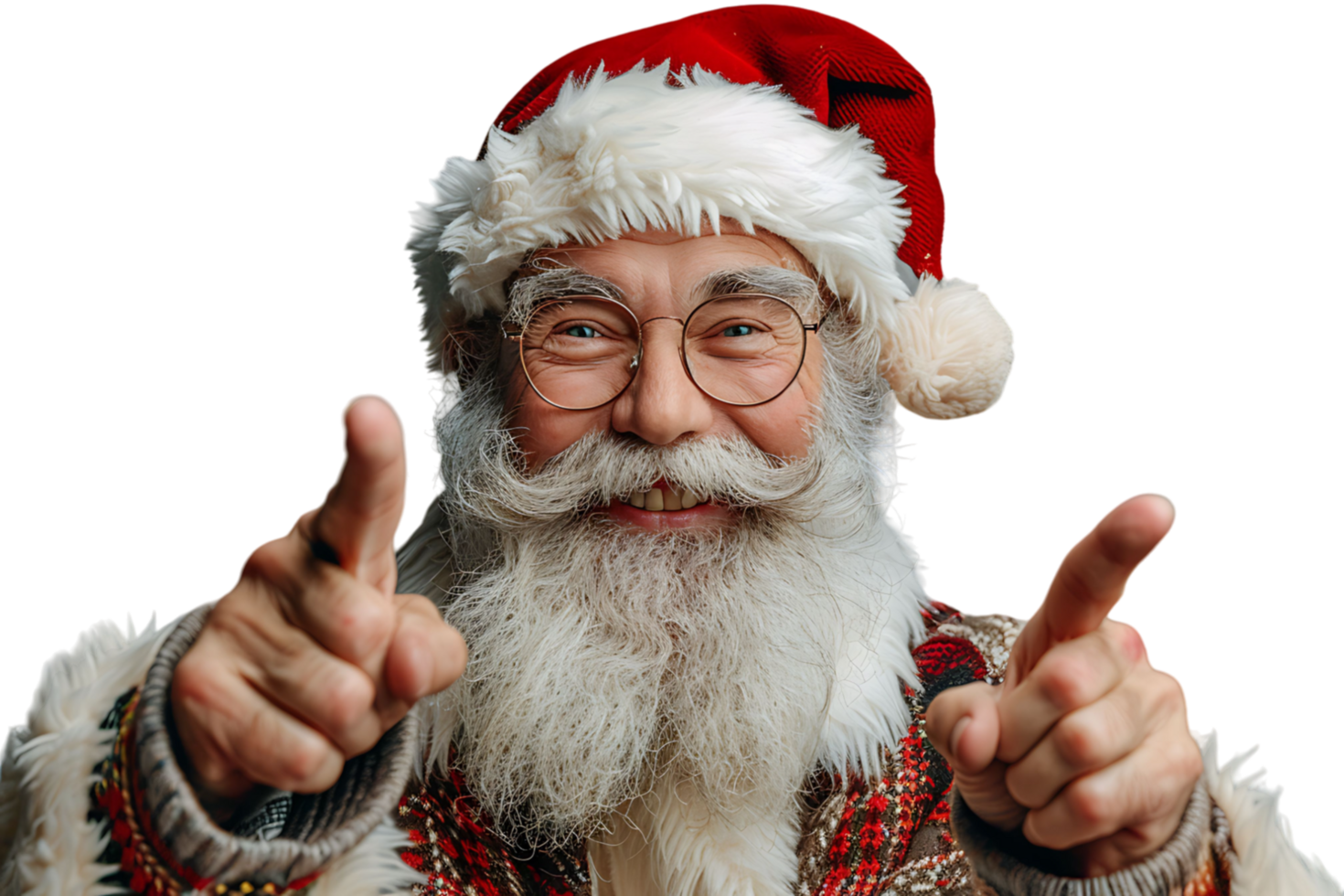 Portrait of stylish trendy funny Santa pointing at camera on transparent background png