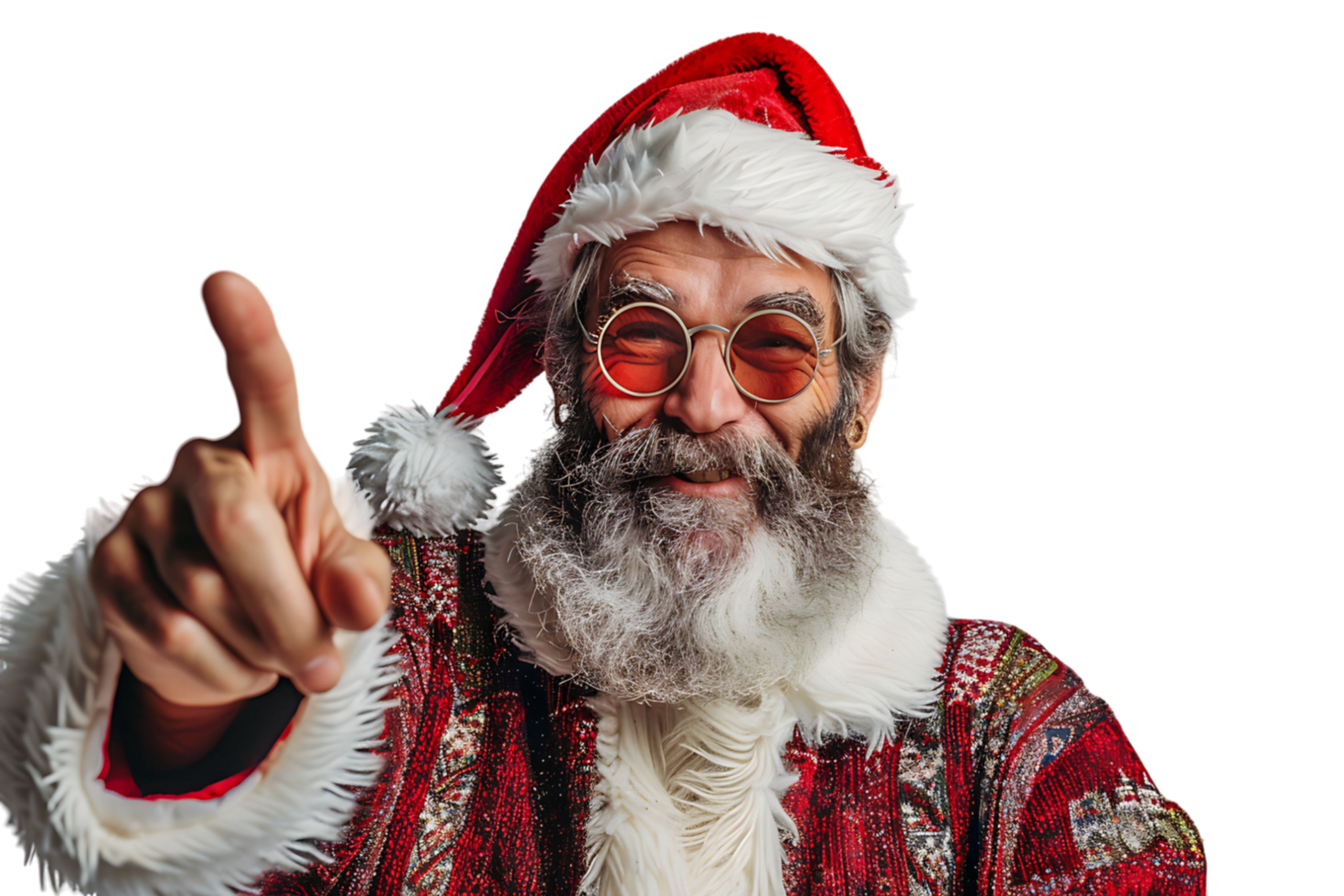 Portrait of stylish trendy funny Santa pointing at camera on transparent background png
