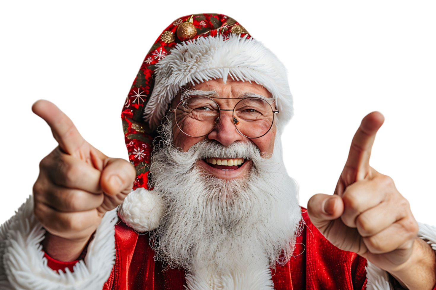 Portrait of stylish trendy funny Santa pointing at camera on transparent background png