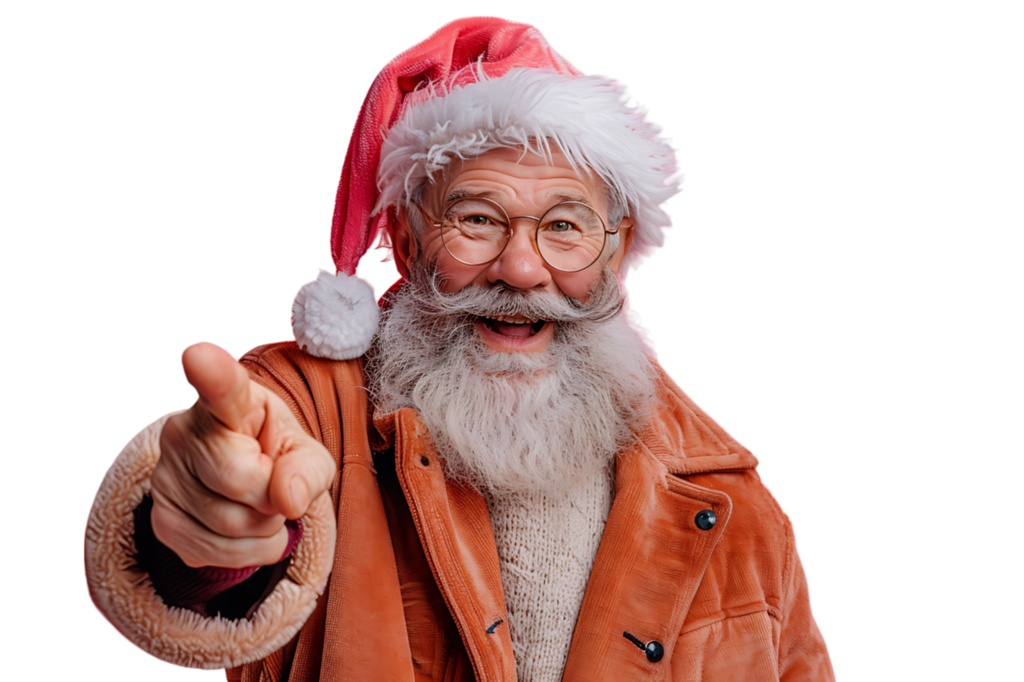 Portrait of stylish trendy funny Santa pointing at camera on transparent background png