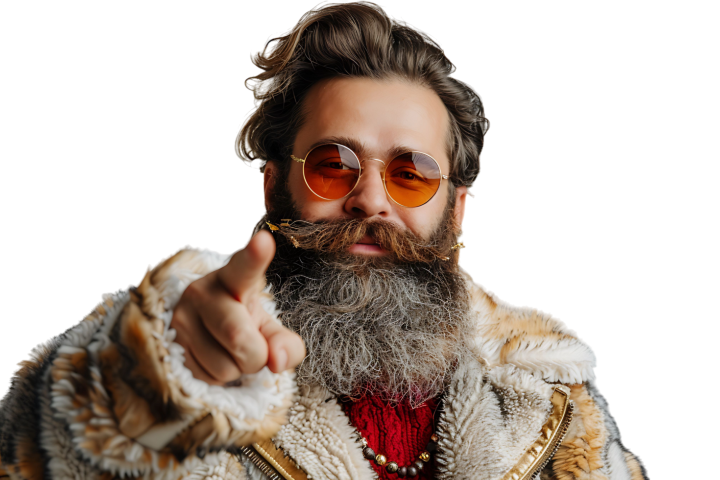 Portrait of stylish trendy funny Santa pointing at camera on transparent background png