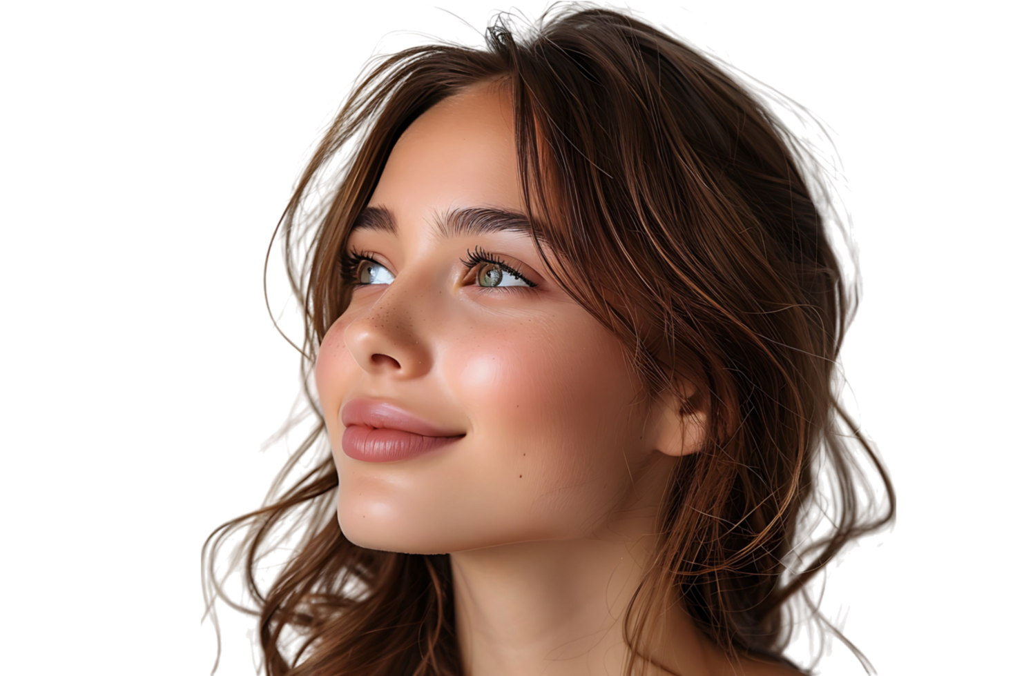 Portrait of satisfied glad lovely lady beaming smile look empty space on transparent background png