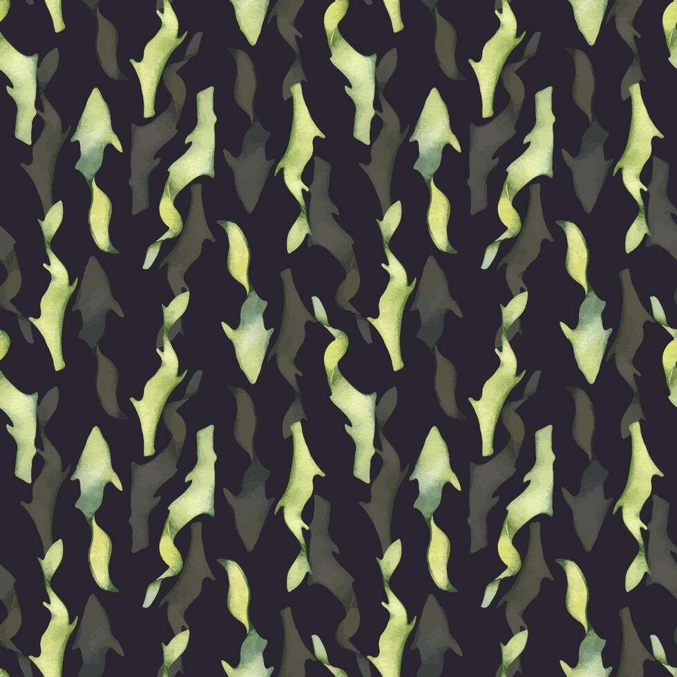 Watercolor seamless pattern of colorful laminaria illustration isolated on black. Kelp, seaweeds hand drawn. Painted algae. Design for background, textile, packaging, wrapping, marine collection. vector