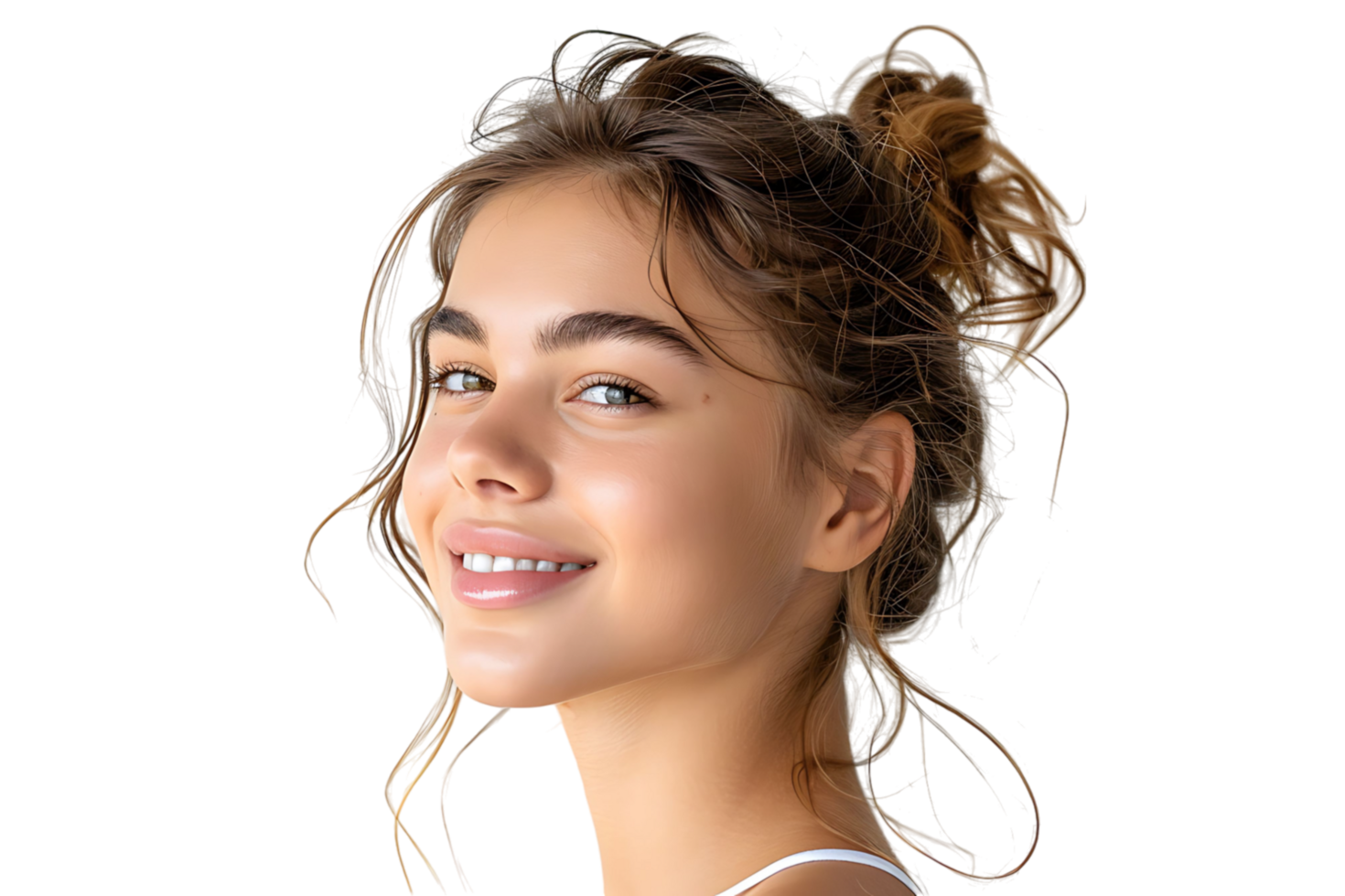 Portrait of satisfied glad lovely lady beaming smile look empty space on transparent background png