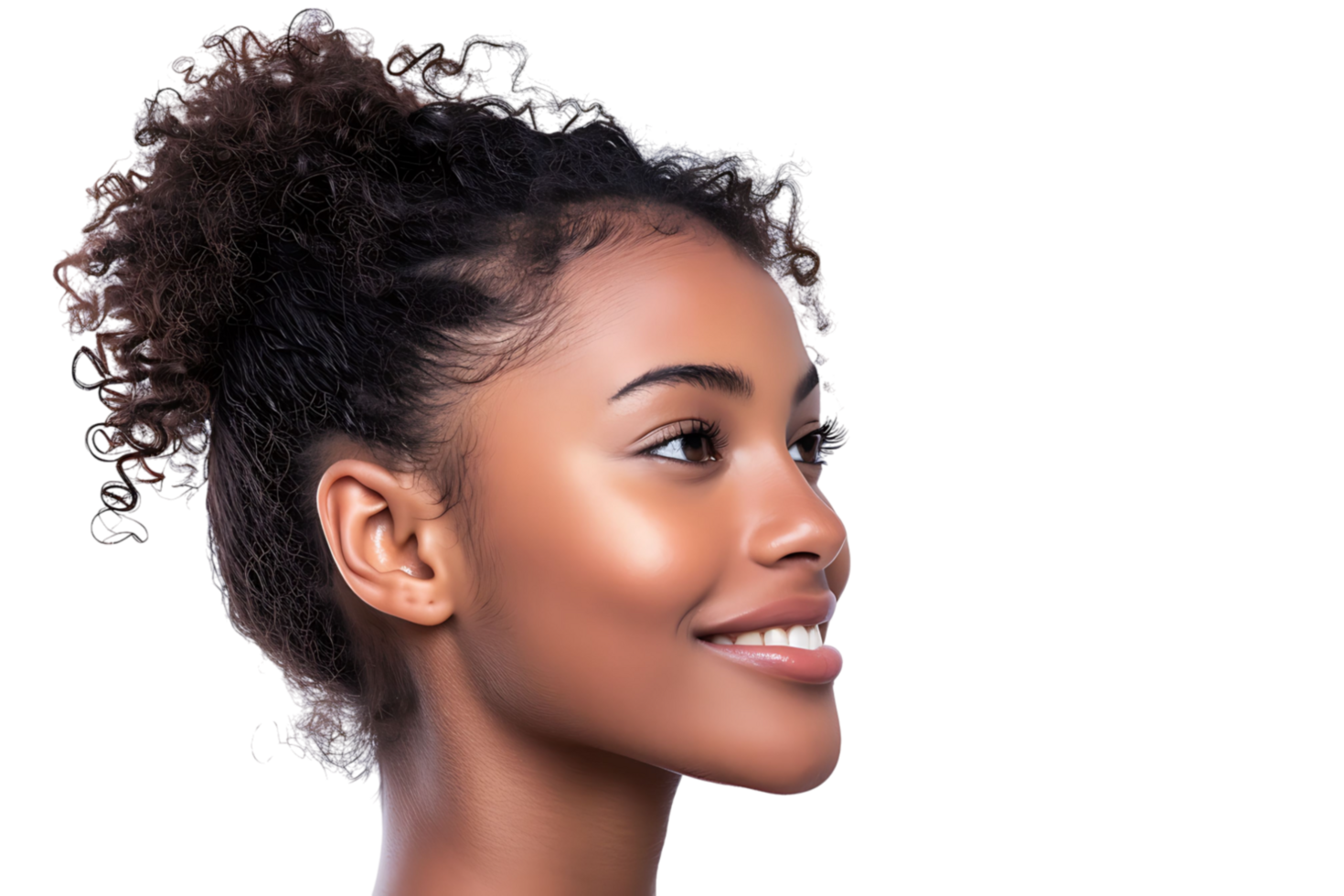 Portrait of satisfied glad lovely lady beaming smile look empty space on transparent background png